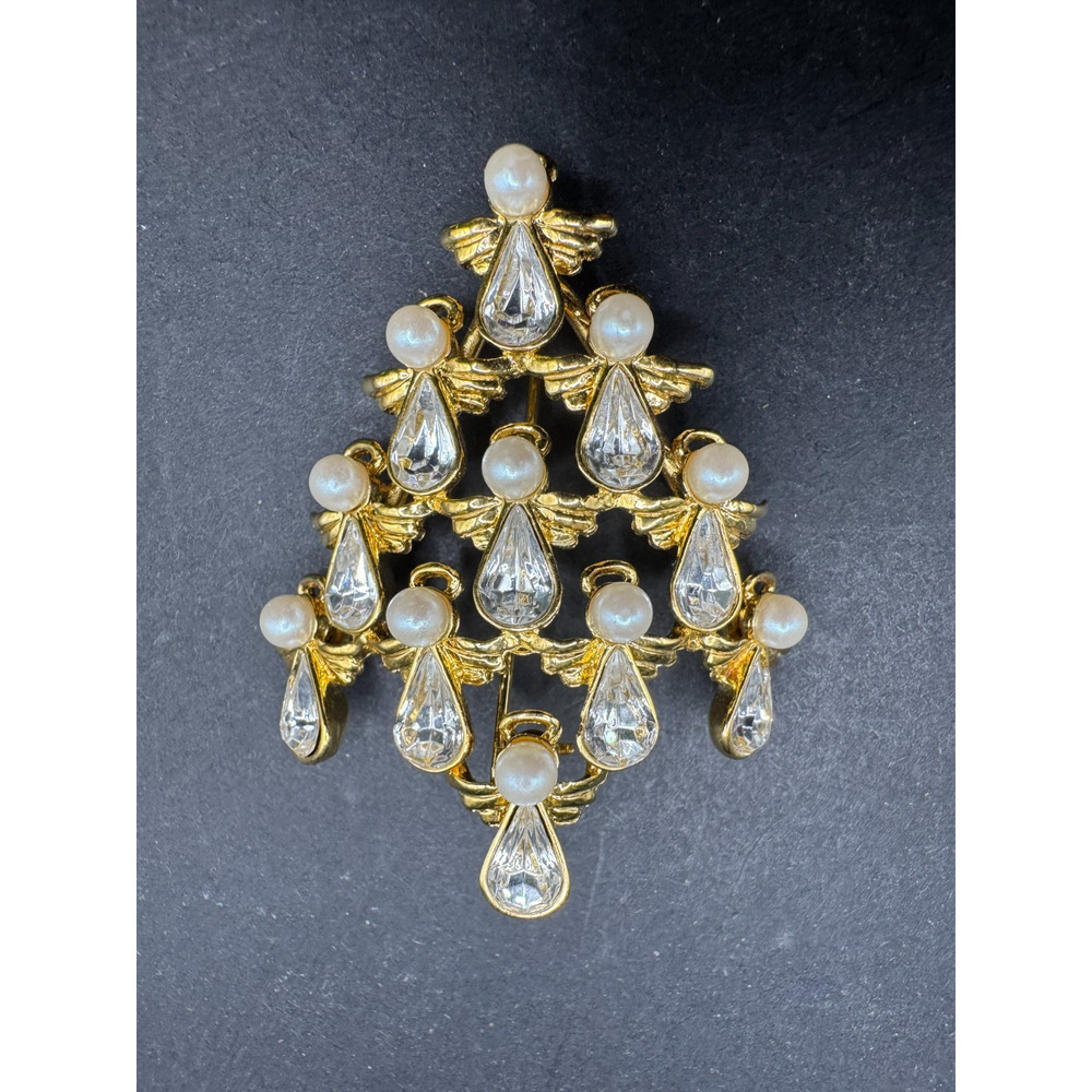 Vtg Butler & Wilson Sparkling Pearl Rhinestone Angel Christmas Tree Brooch Pin